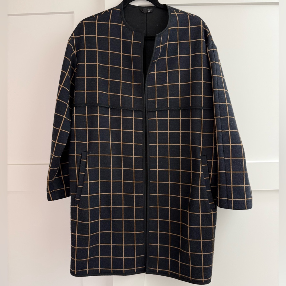 TOPSHOP Navy and Tan Grid Pattern Coat